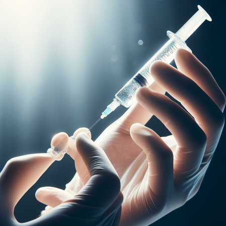Close-up of doctor hands holding syringe with vaccine over dark backgroundの素材