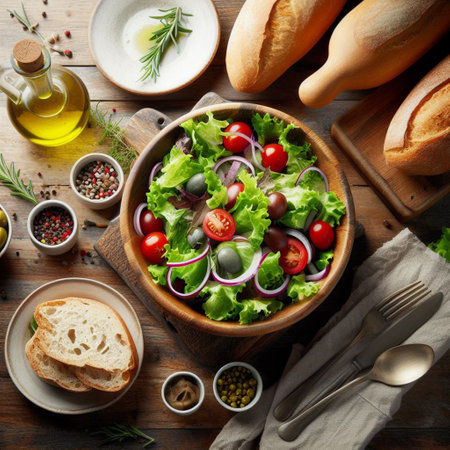 Fresh salad with tomatoes, olives and herbs in bowl on wooden tableの素材