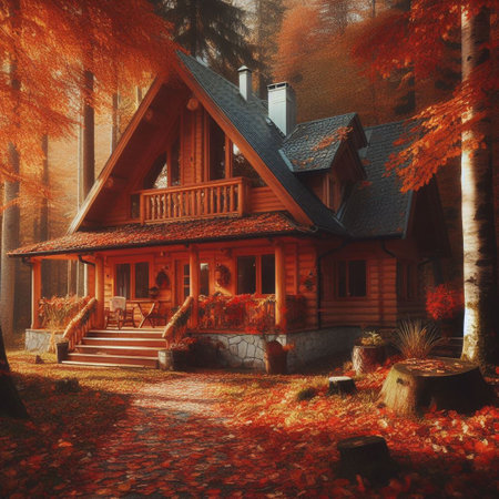 Wooden cottage in the autumn forest. 3d render illustration.の素材