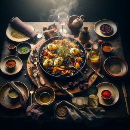 Eggs and vegetables in a frying pan on a wooden tableの素材