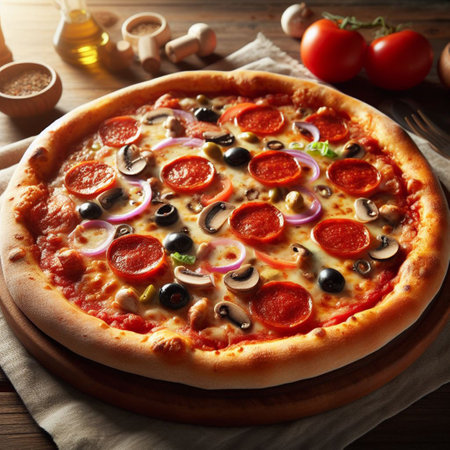 Pizza with olives, tomatoes and mushrooms on a wooden tableの素材