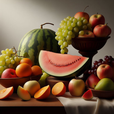 Still life with watermelon, melon, apples, grapes and pearsの素材