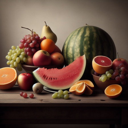 Composition with variety of fruits on wooden table. Toned.の素材