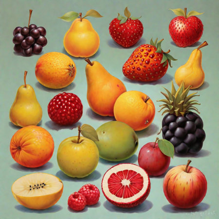 Fruit set: pears, apples, grapes, oranges, pears, pearsの素材