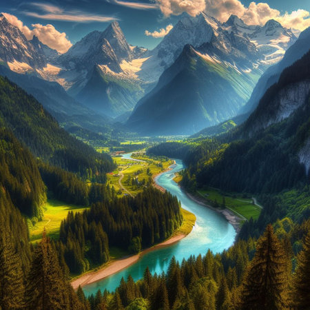 Mountain landscape with the river in the middle of the valley.の素材