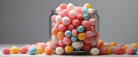 Colorful candies in a glass jar on a gray background.の素材