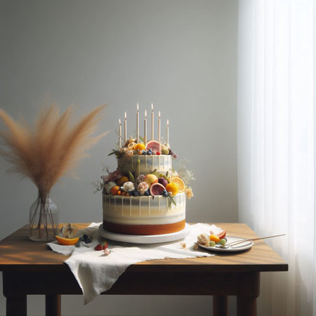 Fruit cake with candles on a table in a room with a windowの素材