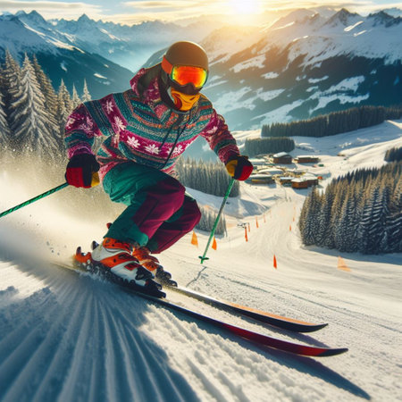 Young woman skier in ski suit and helmet having fun while skiing in high mountainsの素材