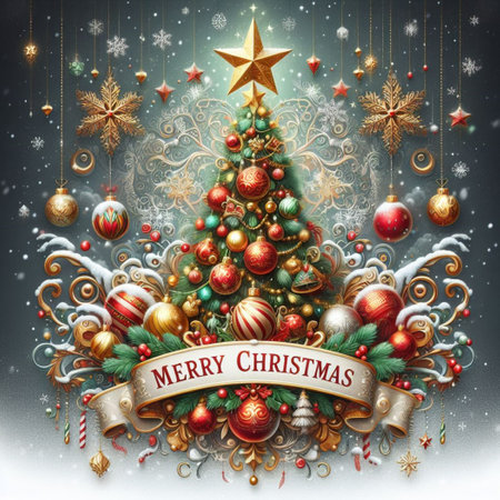 Merry Christmas and Happy New Year greeting card with Christmas tree.の素材