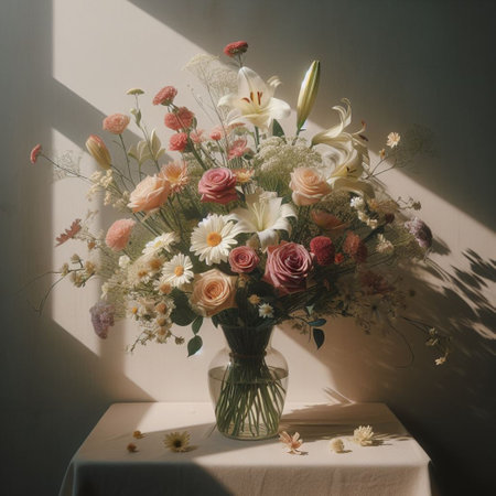Bouquet of flowers in a vase on a table.の素材