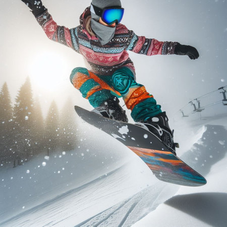 Snowboarder jumping in the air against snow covered landscape with fir treesの素材