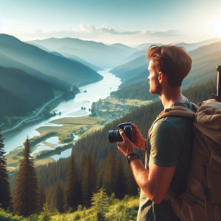 Handsome young man with taking backpack photo of landscape with river.の素材