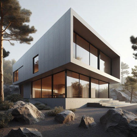 3d rendering of modern cozy house with pool and parking for sale or rent in luxurious style. Clear sunny summer day with blue sky.の素材