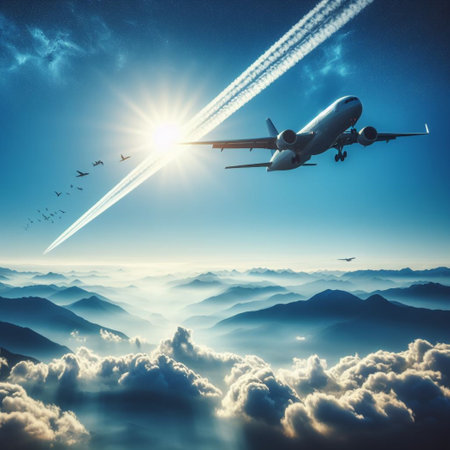 Airplane flying above clouds. Travel and tourism concept. 3d renderingの素材