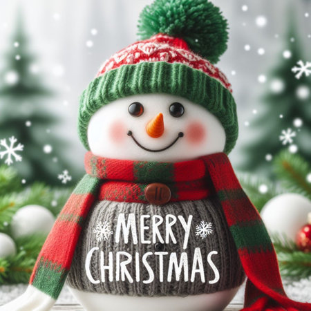 Christmas greeting card with cute snowman on wooden background. Christmas concept.の素材