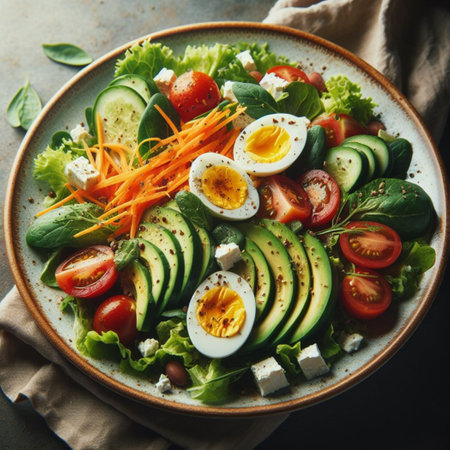 Avocado salad with cherry tomatoes, feta cheese and fresh herbs. Healthy food concept.の素材