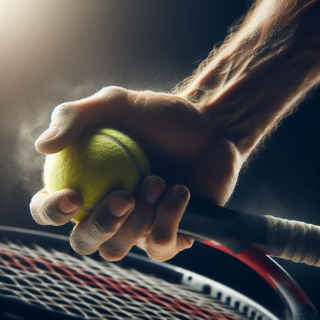 Tennis player with racket and ball. Close-up of male hands holding tennis ballの素材