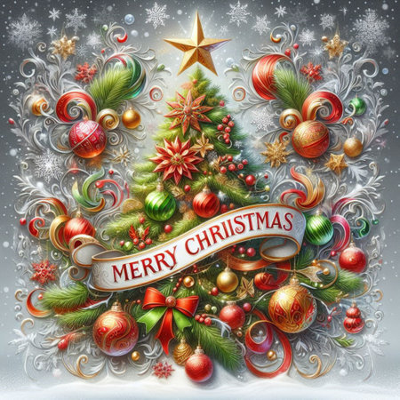 Christmas greeting card with christmas tree, snowflakes and decorationsの素材