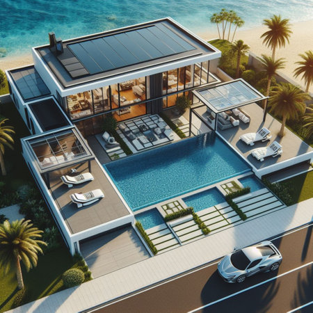 3d rendering of modern cozy house with pool and parking for sale or rent in luxurious style.の素材