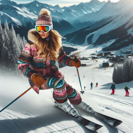 Beautiful skier girl in ski suit posing on top of mountainの素材