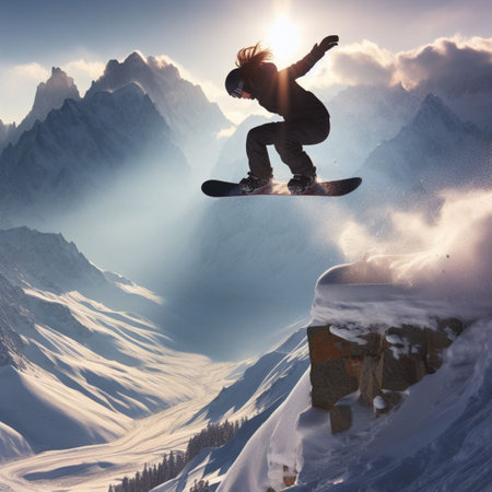 Flying snowboarder on mountains. Extreme winter sport. 3d renderingの素材