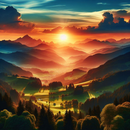 Fantastic sunset in the mountains. Colorful summer landscape.の素材