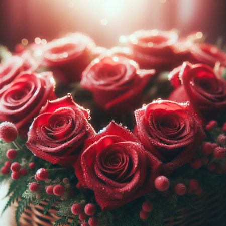 Beautiful red roses in a basket on a light background. Valentines day.の素材