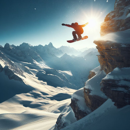 Flying snowboarder on mountains. Extreme winter sport. 3d renderingの素材