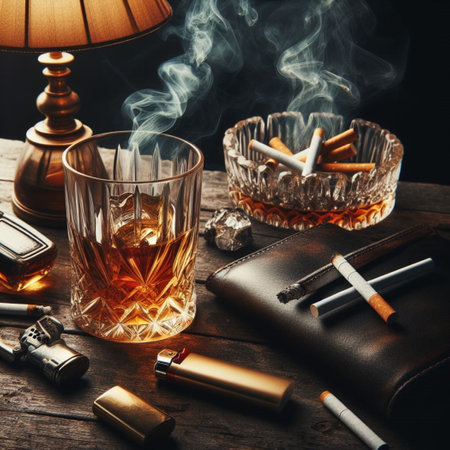 Cigarette, lighter, ashtray and whiskey on wooden tableの素材