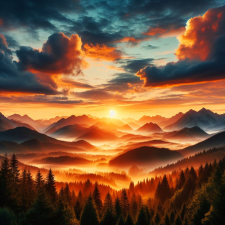 Fantastic sunset in the mountains. Dramatic scene. Carpathian, Ukraine, Europe. Beauty world.の素材