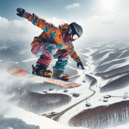 Snowboarder jumping in the mountains. Extreme snowboard freestyle sport.の素材