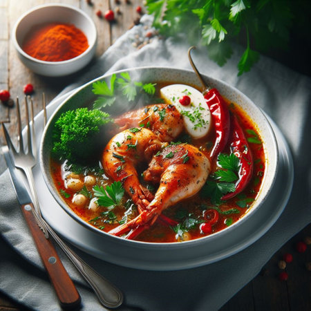 Tom yum soup with prawns and vegetables on wooden backgroundの素材