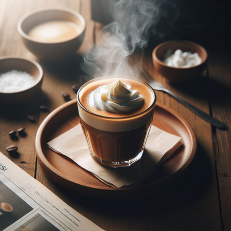 Cappuccino with whipped cream in a glass cup on a wooden tableの素材