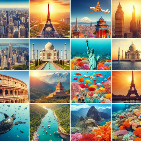 Beautiful collage of famous world landmarks. Travel and tourism concept.の素材
