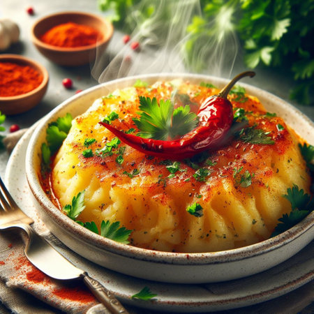 Potato dumplings with red pepper and parsley. toning. selective focusの素材