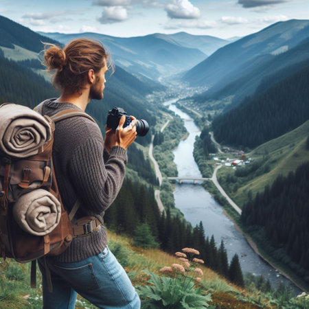 Photographer taking picture of mountain landscape with river. Traveler with camera in the mountains.の素材