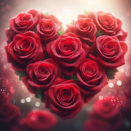 Valentine's Day background with red roses and bokehの素材