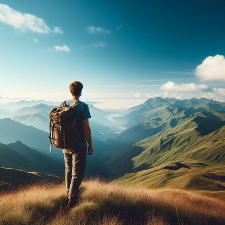 Hiker with backpack standing on top of a mountain and looking at the valleyの素材