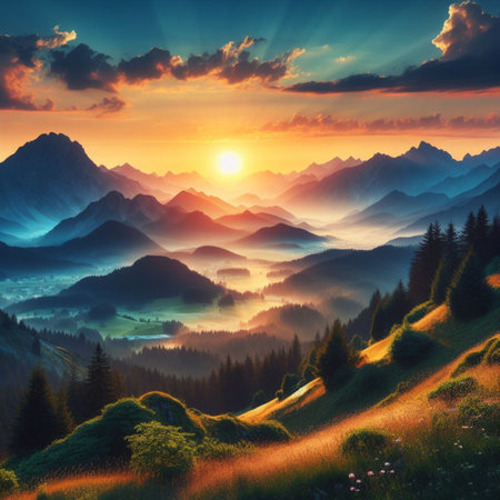 Fantastic sunset in the mountains. Dramatic scene. Artistic style. Beauty world.の素材