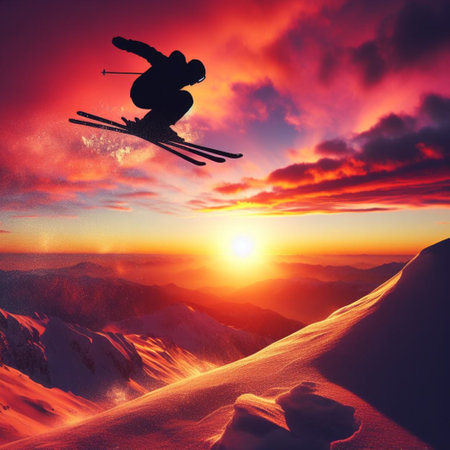 Flying skier against sunset in the mountains. 3d render.の素材