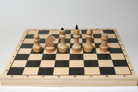wooden chess pieces on a chessboard isolated on a white backgroundの写真素材