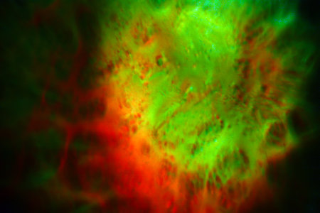 abstract background with multicolored spots of light in the centerの写真素材
