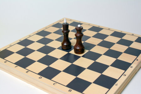 Chess pieces on a chessboard isolated on a white background.の写真素材