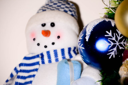 Snowman and christmas decoration on white background. Christmas background.の写真素材