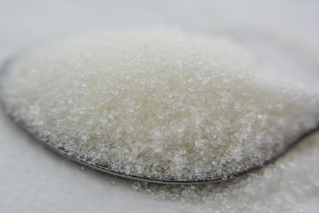 Close up of a spoon full of white sugar. Selective focus.の写真素材
