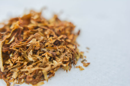 Close up of dried tobacco on white background. Selective focus.の写真素材