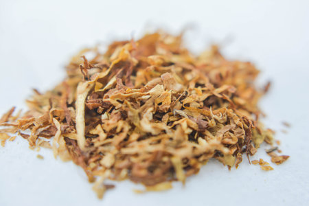 Heap of dried tobacco leaves on white background. Close up.の写真素材