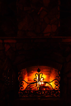 Fireplace with burning firewood in the dark. Selective focus.の写真素材