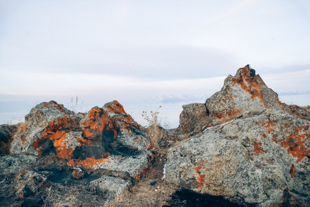 rocky landscape on the sea coast, view of the sea and skyの写真素材