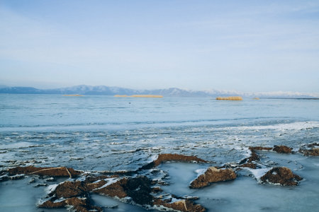Ice on Lake Baikal in winter, Siberia, Russia.
